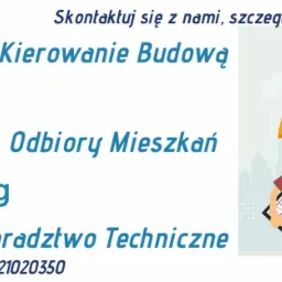Ilustracja przedstawia logo firmy CH Consulting oferującej kierowanie budową, odbiory mieszkań i doradztwo techniczne, z uśmiechniętym inżynierem w kasku i z planami na tle dźwigu i panoramy miasta.