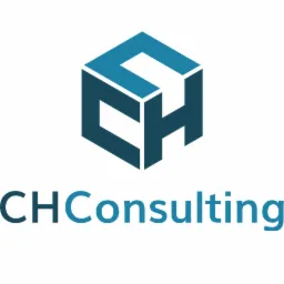 Logo firmy CH Consulting z geometrycznym symbolem sześcianu i liter CH w odcieniach niebieskiego.