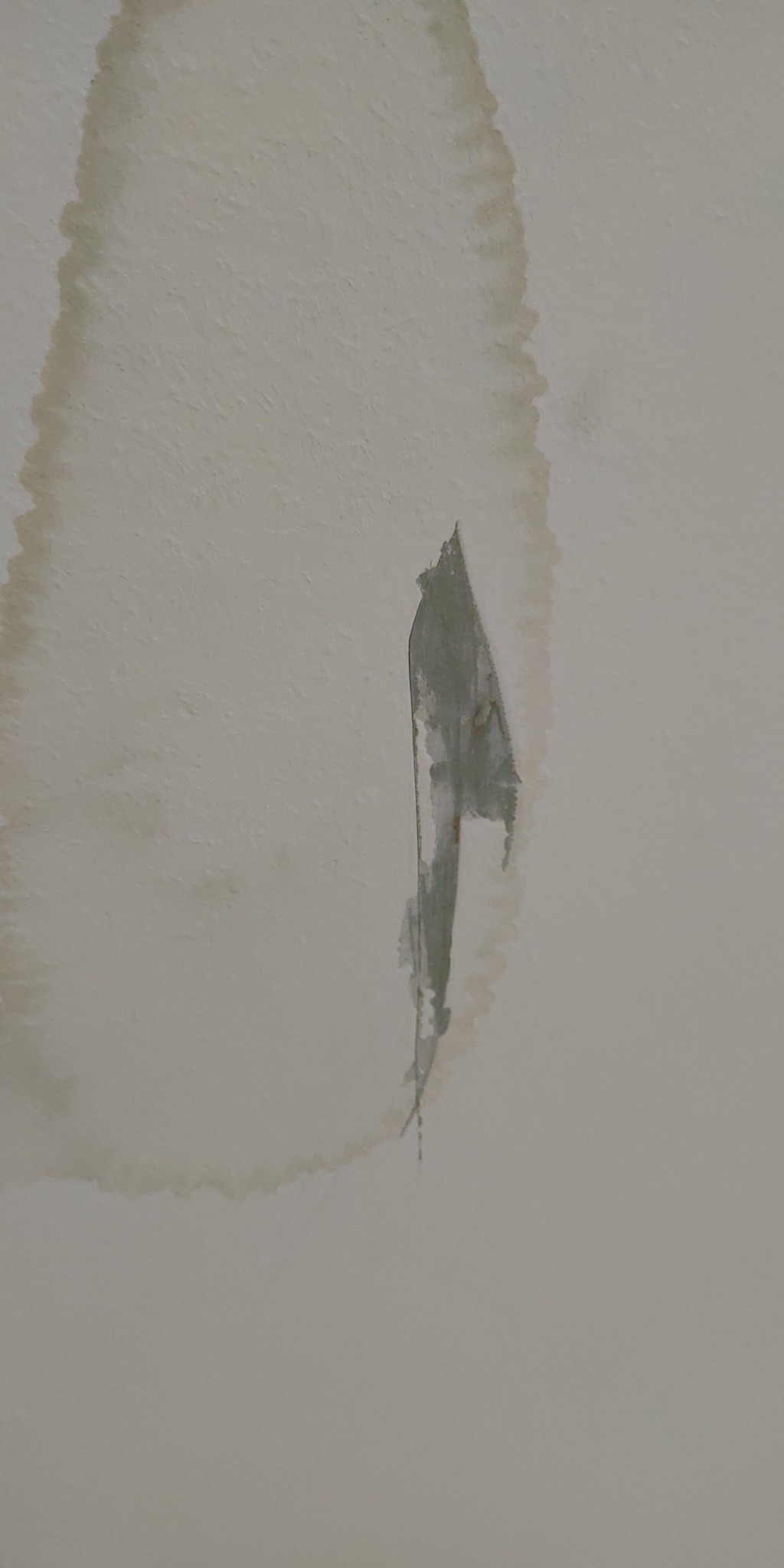 Zacieki na ścianie i odpadający fragment starej warstwy wykończeniowej, widoczne ślady wilgoci.