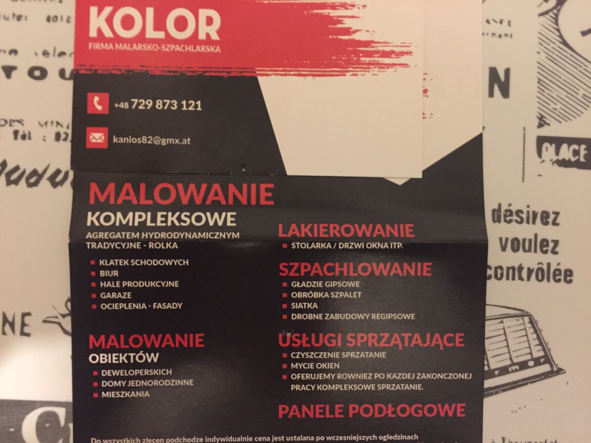 Wizytówka firmy malarsko-szpachlarskiej KOLOR z numerem telefonu, adresem e-mail i listą usług: malowanie kompleksowe, lakierowanie, szpachlowanie, usługi sprzątające, panele podłogowe.