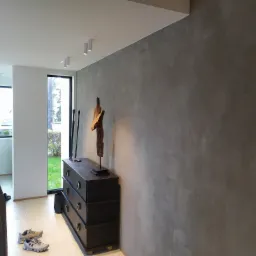 Wnętrze holu z szarą ścianą o fakturze betonu, czarna komoda z drewnianą rzeźbą, widok na zewnątrz przez okno i białe, punktowe oświetlenie sufitowe.