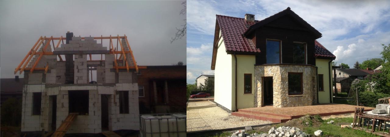 Porównanie stanu surowego i wykończonego domu dwukondygnacyjnego z dachem dwuspadowym, widoczne bloczki betonowe, więźba dachowa, elewacja z kamienia dekoracyjnego i ceglana posadzka tarasu.