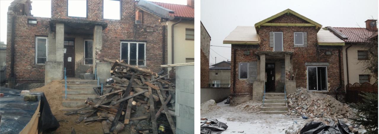 Porównanie stanu domu przed i po remoncie: od starej, ceglanej fasady z drewnianymi odpadami po nową elewację z oknami i częściowo wykończonym dachem.
