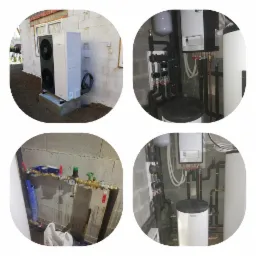 Cztery kadry z montażu instalacji: zewnętrzna pompa ciepła Vaillant na fundamencie przy ścianie budynku z bloczków, wewnętrzny układ rur i zaworów z czarnymi izolacjami, manometr na rurze...