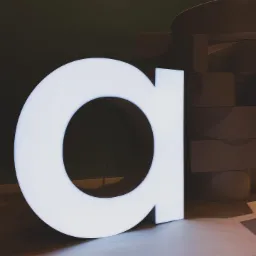 Podświetlana litera 'a' w kolorze białym, wykonana z tworzywa sztucznego, stojąca na podłodze, z ciemnym tłem i elementami konstrukcyjnymi w tle. Widoczne delikatne odbicie światła na powierzchni...