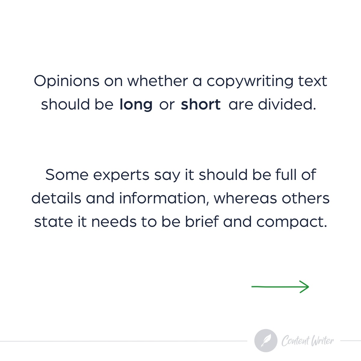 Tekst o długości tekstu reklamowego: opinie ekspertów są podzielone, niektórzy preferują pełne szczegółów, inni krótkie i zwięzłe, z zieloną strzałką w prawo i logo Content Writer w prawym dolnym...