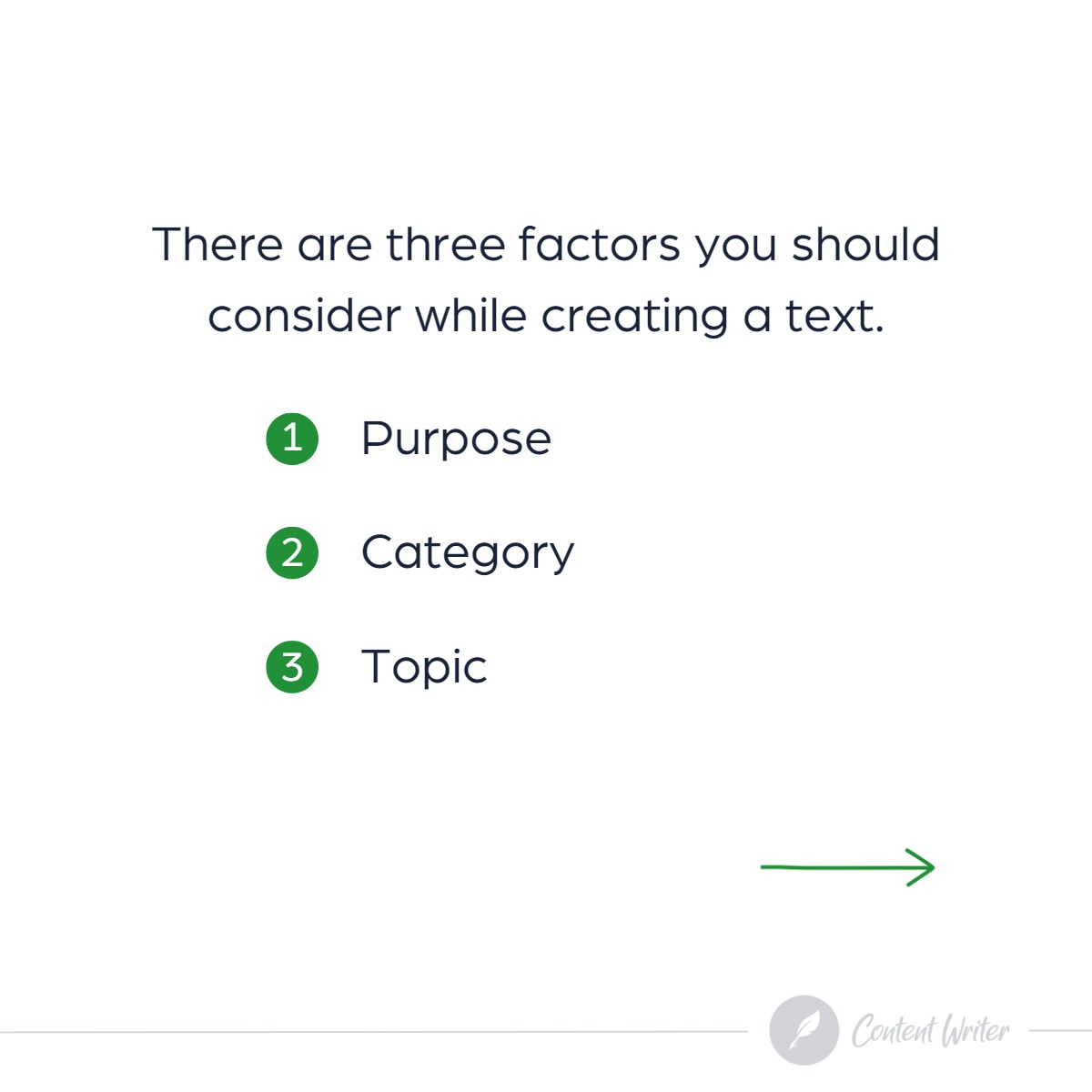 Infografika z trzema czynnikami do rozważenia przy tworzeniu tekstu: cel, kategoria, temat; strzałka w prawo i logo 'Content Writer' w prawym dolnym rogu.
