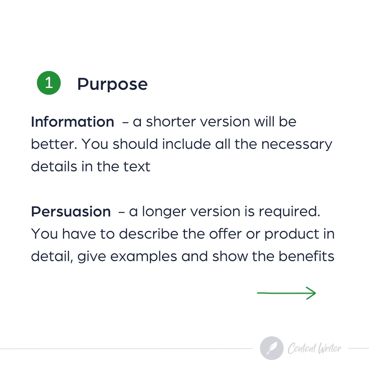 Infografika przedstawiająca cel pisania tekstów: informacyjny - krótsza wersja, perswazyjny - dłuższa wersja z przykładami i korzyściami, z logo Content Writer w prawym dolnym rogu.