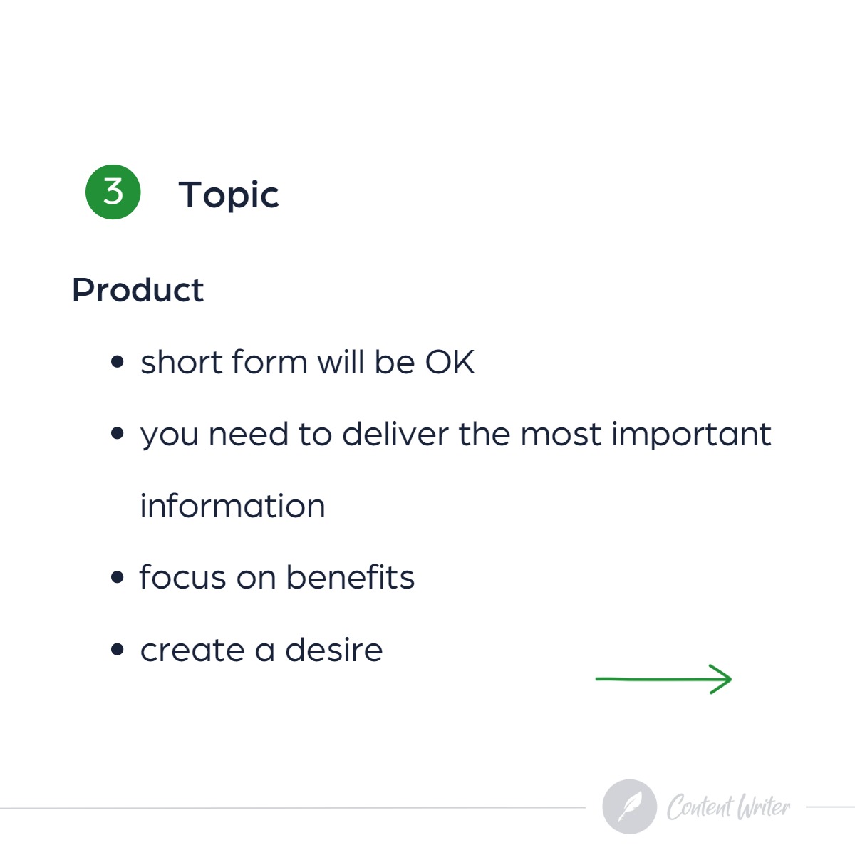 Slajd prezentacji z punktami dotyczącymi tworzenia treści: krótka forma, najważniejsze informacje, korzyści, wzbudzanie pożądania, podpis Content Writer w prawym dolnym rogu.