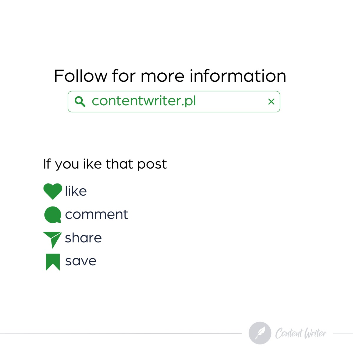 Grafika z wezwaniem do interakcji: polubienia, komentarza, udostępnienia i zapisania posta, z adresem contentwriter.pl w pasku wyszukiwania.