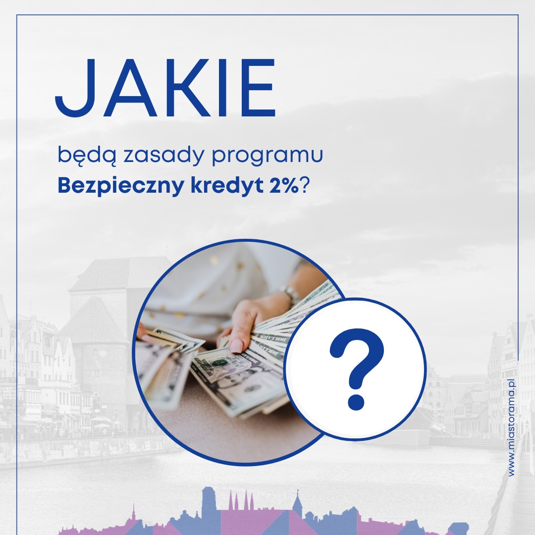 Grafika reklamowa programu 'Bezpieczny kredyt 2%' z dłońmi trzymającymi plik banknotów dolarowych na tle panoramy miasta.