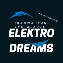 Logo firmy Elektro Dreams z hasłem 'Innowacyjne Instalacje', stylizowane błyskawice i adres strony internetowej elektro-dreams.pl na ciemnym tle.
