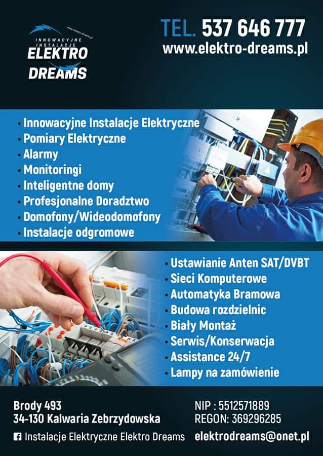 Ujęcie z broszury reklamowej firmy Elektro Dreams, prezentujące elektryka w kasku podczas pracy z rozdzielnicą elektryczną, używającego multimetru z czerwoną sondą do pomiaru napięcia. W tle...