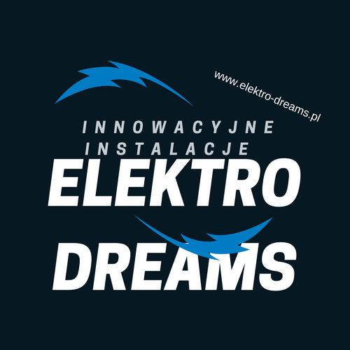 Logo firmy Elektro Dreams z hasłem 'Innowacyjne Instalacje', stylizowane błyskawice i adres strony internetowej elektro-dreams.pl na ciemnym tle.