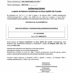 Skan zaświadczenia o wpisie do Rejestru Działalności na Rzecz Spółek lub Trustów, wydanego przez Dyrektora Izby Administracji Skarbowej w Katowicach, z danymi spółki KBR PLUS Spółka z Ograniczoną...