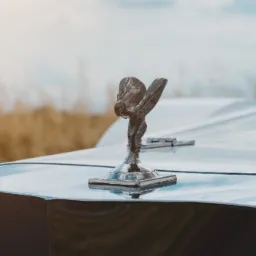 Chromowana figurka Spirit of Ecstasy na błyszczącym, białym samochodzie Lincoln, z polami w tle.