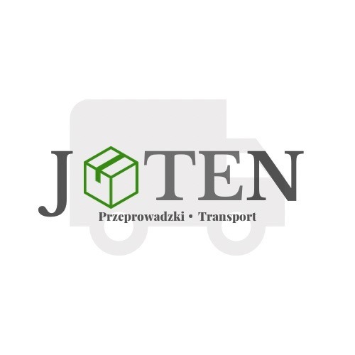 Logo firmy transportowej JOTEN z zielonym konturem paczki i szarym napisem, umieszczone na tle sylwetki ciężarówki.