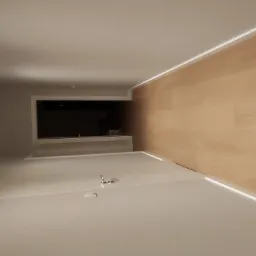 Nowoczesne wnętrze z drewnianą ścianą, oświetleniem LED i minimalistyczną zabudową meblową, widok z dołu.