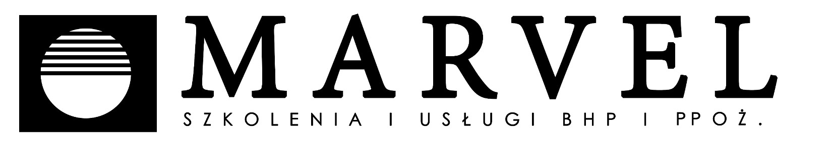 Logo firmy Marvel Szkolenia i Usługi z symbolem graficznym przedstawiającym półokrąg z poziomymi liniami w czarnym kwadracie.