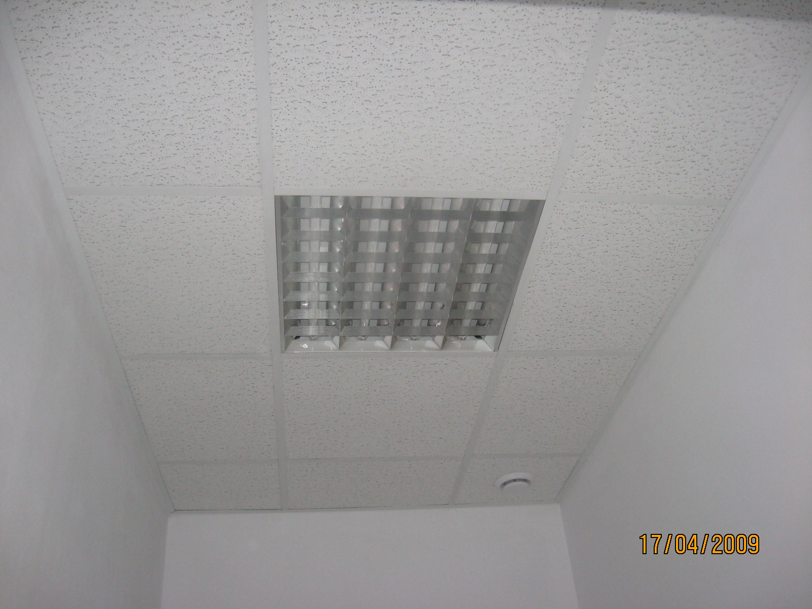 Kasetonowy sufit podwieszany z wbudowaną rastrową oprawą oświetleniową, widok z dołu, data na zdjęciu: 17/04/2009.