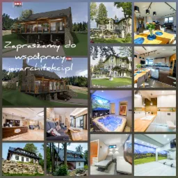 Kolaż zdjęć prezentujący różnorodne realizacje architektoniczne, w tym wizualizację kamiennego domu z garażem na dwa samochody, elewacje budynków w stylu zakopiańskim, wnętrze salonu z kominkiem...