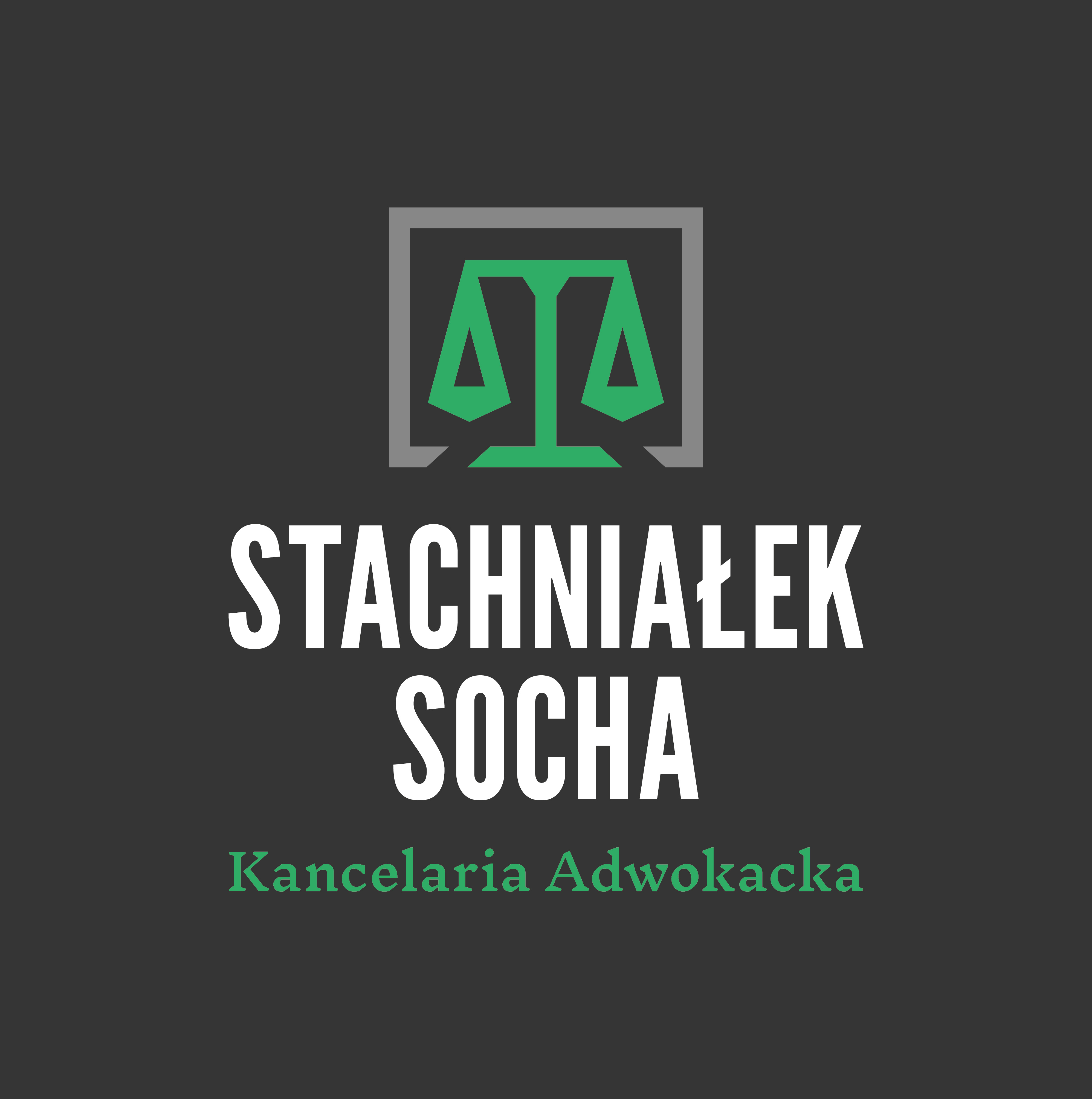 Logo Kancelarii Adwokackiej Stachniałek Socha z symbolem wagi w odcieniach zieleni i szarości na ciemnym tle.