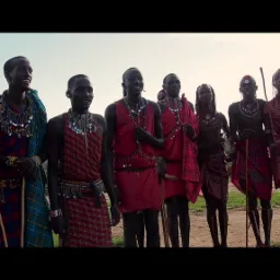 Grupa Masajów w tradycyjnych strojach, stojących na tle sawanny, uchwycona w szerokim planie filmowym.
