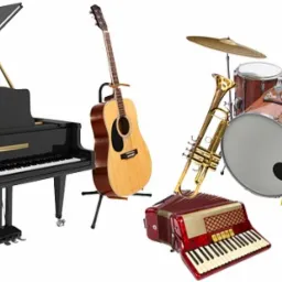 Zestaw instrumentów muzycznych na białym tle: fortepian, mandolina, gitara akustyczna, akordeon, trąbka, perkusja, saksofon i gitara elektryczna na statywach.