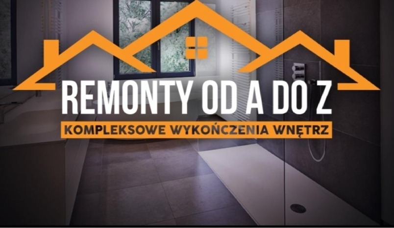 Grafika reklamowa przedstawiająca łazienkę z kabiną typu walk-in, umywalką i grzejnikiem drabinkowym, z nałożonym logo firmy oferującej kompleksowe usługi.