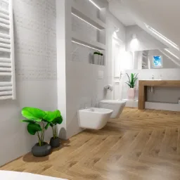 Jasna łazienka na poddaszu z drewnianą podłogą ułożoną w jodełkę, białą armaturą i roślinami doniczkowymi.