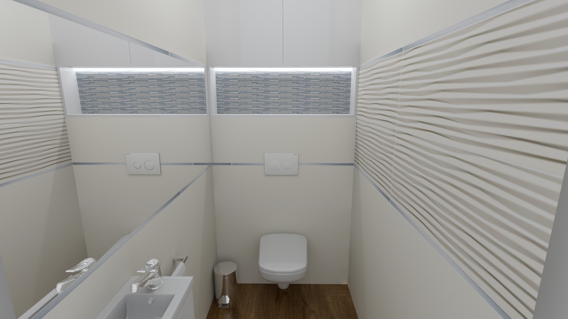 Wizualizacja małej łazienki z umywalką, toaletą podwieszaną, drewnianą podłogą i dekoracyjną ścianą z falistych płytek w odcieniach beżu oraz lustrem na ścianie.