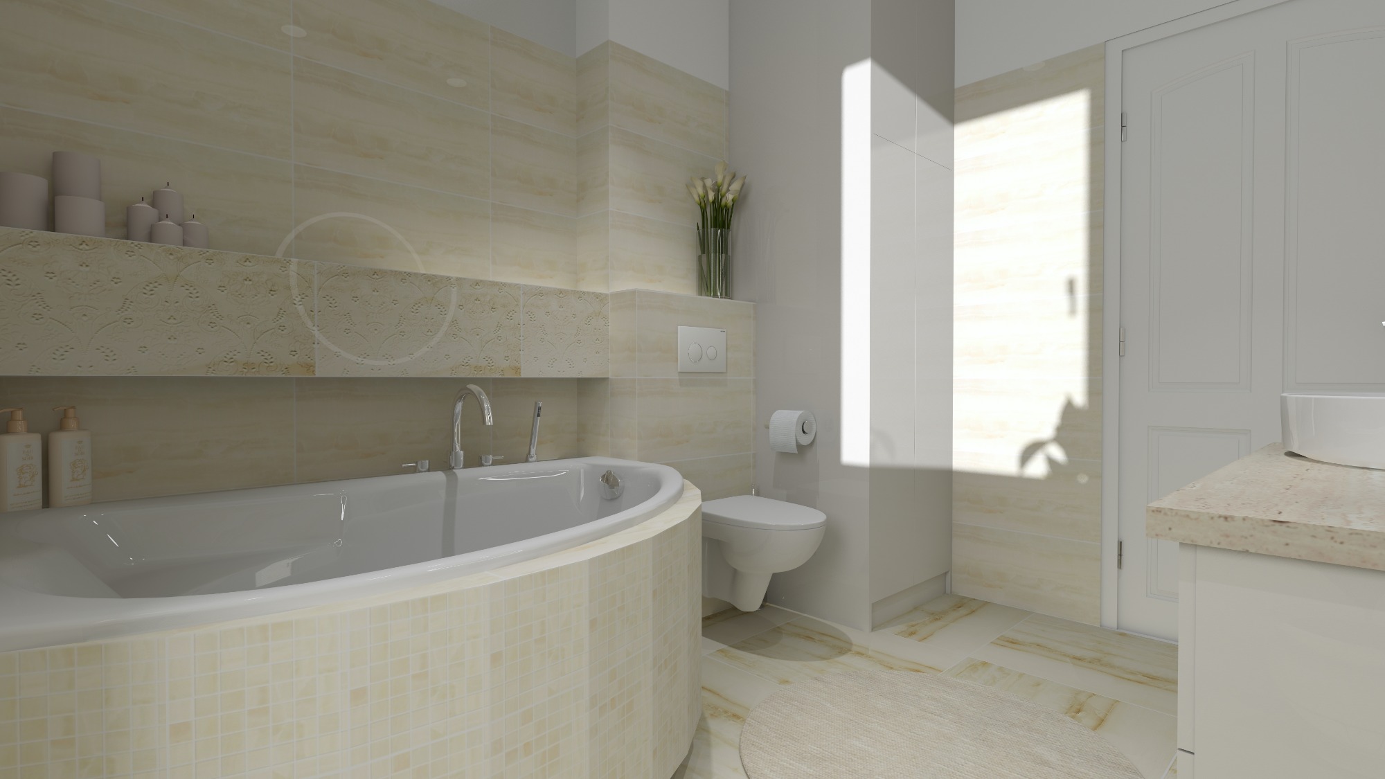 Wizualizacja łazienki w jasnych beżach z mozaikową obudową wanny, dekoracyjną półką nad wanną, białymi sanitariatami i kwiatami w wazonie.