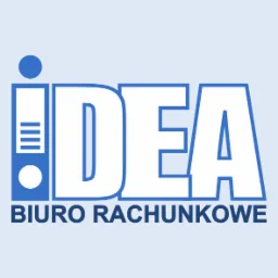 Logo firmy 'IDEA Biuro Rachunkowe' na jasnoniebieskim tle, stylizowane na segregator z dokumentami.
