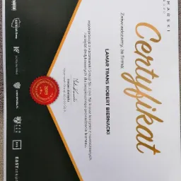 Certyfikat Kaczmarski Group dla firmy Lamar Trans Robert Biernacki za współpracę i korzystanie z nowoczesnych narzędzi do bezpiecznego prowadzenia biznesu, rok 2019, podpis Prezesa Zarządu.