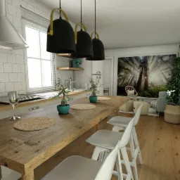 Wizualizacja kuchni z długim, drewnianym stołem barowym, trzema wiszącymi lampami z żółtymi akcentami i widokiem na salon z tapetą leśną.