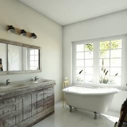 NMDrive - Jasna łazienka w stylu rustykalnym z wanną na nóżkach, umywalką z drewnianą szafką i drabinką z koszami na akcesoria, widok na okno z zielenią.