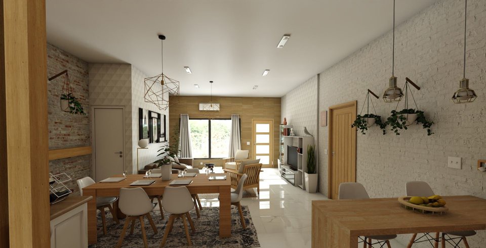 Wizualizacja przestronnego wnętrza mieszkania z jadalnią, salonem i elementami dekoracyjnymi, takimi jak wiszące lampy, rośliny doniczkowe i ceglana ściana.