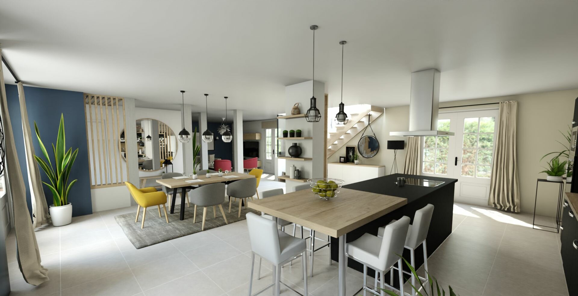 Przestronne wnętrze domu z otwartą kuchnią, jadalnią i salonem, z nowoczesnymi meblami, roślinami doniczkowymi i schodami w tle.