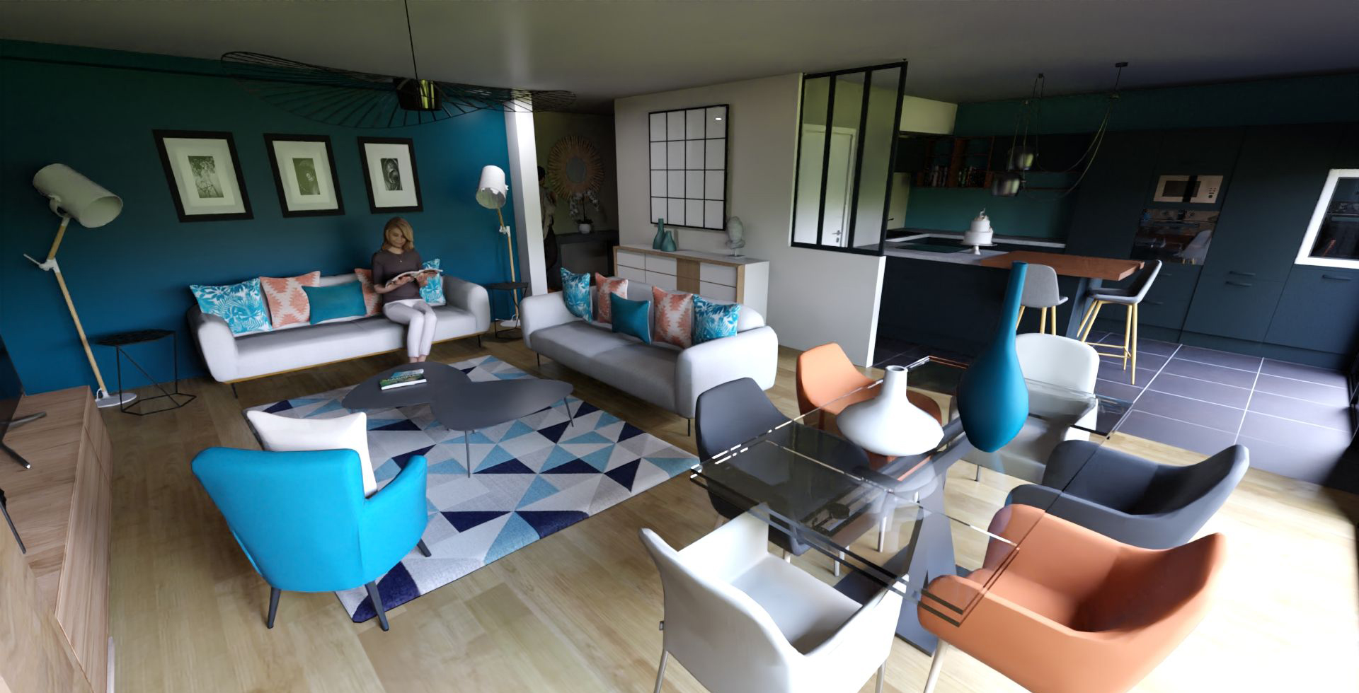 Wizualizacja przestronnego salonu z otwartą kuchnią, turkusowa ściana, dwie sofy z kolorowymi poduszkami, geometryczny dywan, szklany stół z krzesłami, kobieta czytająca książkę na sofie.