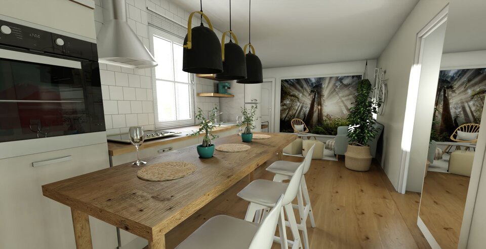 Wizualizacja kuchni z długim, drewnianym stołem barowym, trzema wiszącymi lampami z żółtymi akcentami i widokiem na salon z tapetą leśną.