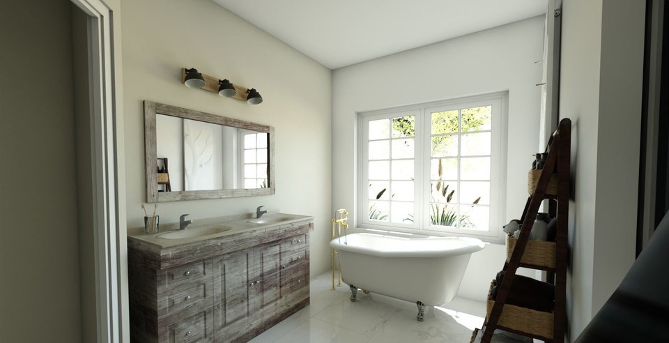 Jasna łazienka w stylu rustykalnym z wanną na nóżkach, umywalką z drewnianą szafką i drabinką z koszami na akcesoria, widok na okno z zielenią.