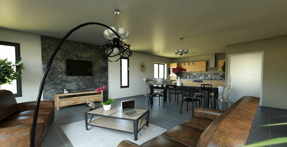 Wizualizacja przestronnego salonu z aneksem kuchennym, brązowa skórzana kanapa, designerska lampa łukowa, marmurowa ściana z telewizorem, drewniana komoda, stół z krzesłami, laptop na stoliku...