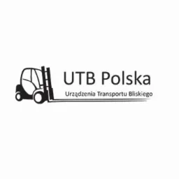 Czarno-białe logo firmy UTB Polska z symbolem wózka widłowego i napisem Urządzenia Transportu Bliskiego.