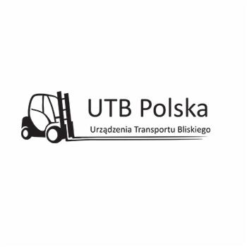 Czarno-białe logo firmy UTB Polska z symbolem wózka widłowego i napisem Urządzenia Transportu Bliskiego.