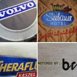 Kolekcja zbliżeń na różnorodne hafty: logo firmowe Volvo na czapce, emblemat straży pożarnej, nazwa hotelu Seebauer z koroną i różą, logo IDMAR z dwoma końmi, nazwa TOJA z rysunkami, napis Theraflu...