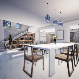 Jasne, przestronne wnętrze jadalni z białym stołem, drewnianymi krzesłami i marmurową podłogą, oświetlone wiszącymi lampami w kształcie kul, z widokiem na schody z biblioteczką i zimowy krajobraz...