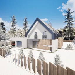 Wizualizacja nowoczesnego domu jednorodzinnego z garażem w zimowej scenerii, z elementami drewnianej elewacji i szarym dachem dwuspadowym, otoczonego ośnieżonymi drzewami i minimalistycznym...