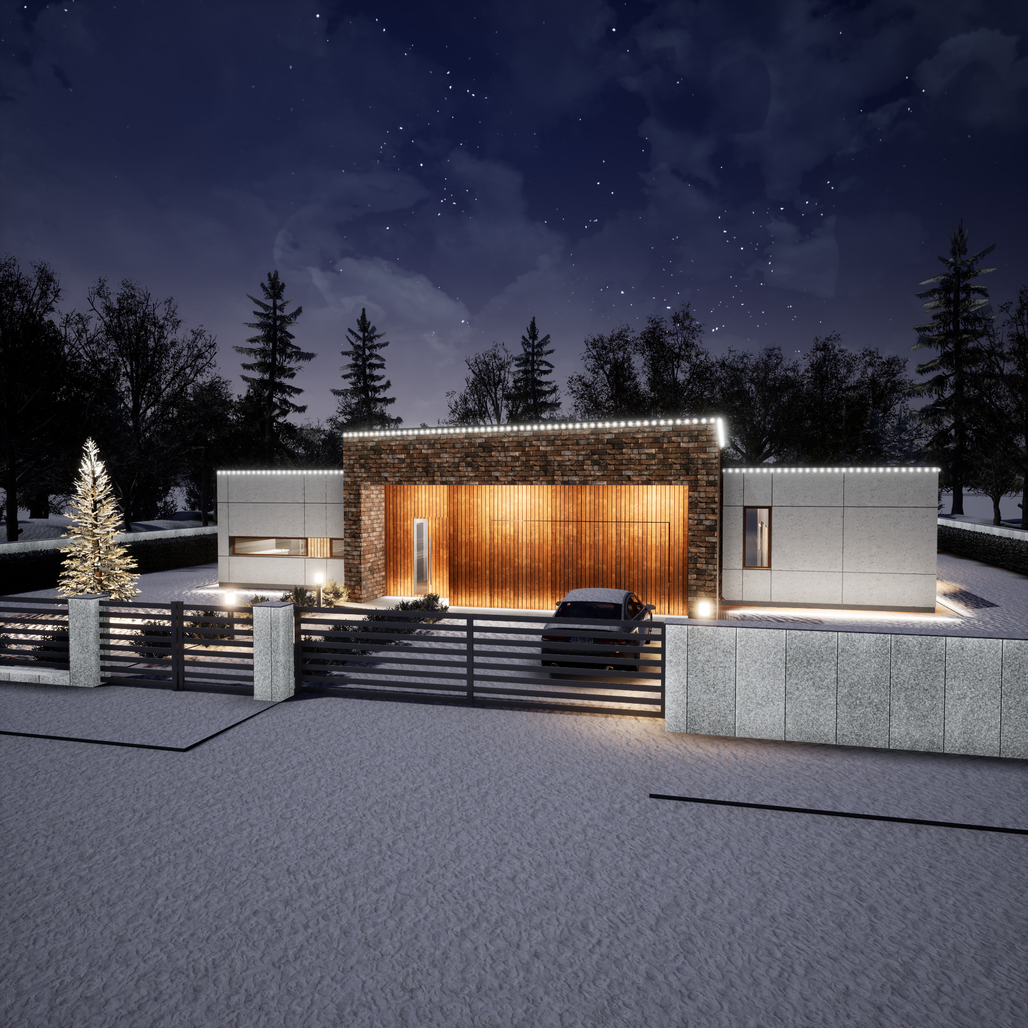 Nowoczesny dom jednorodzinny z płaskim dachem i garażem, oświetlony świątecznie, w zimowej scenerii nocą pod rozgwieżdżonym niebem. Brama wjazdowa z kamiennymi słupkami i samochód osobowy...
