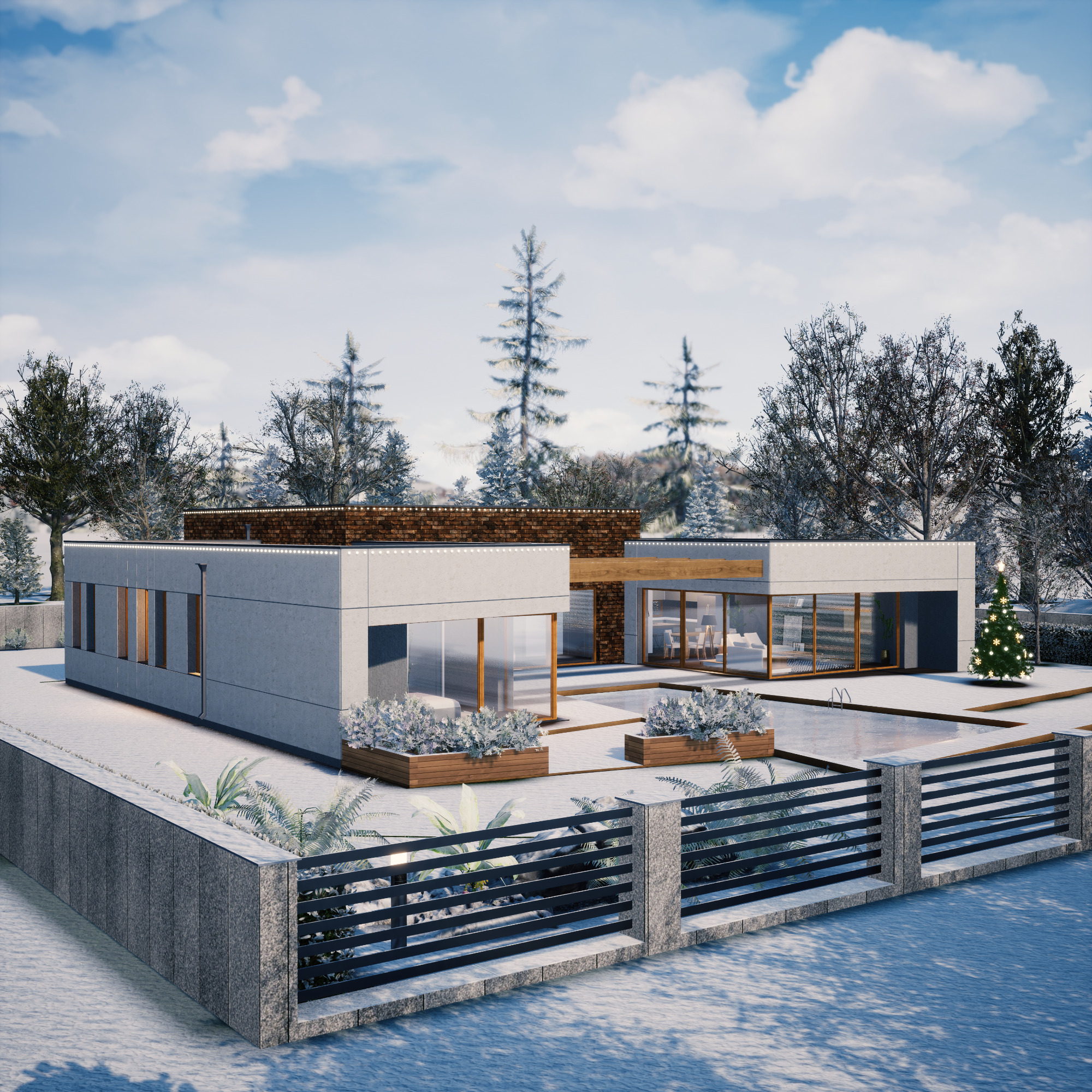 Nowoczesny dom jednorodzinny z płaskim dachem, obłożony śniegiem, z basenem zewnętrznym i świąteczną choinką, widziany zza ogrodzenia.