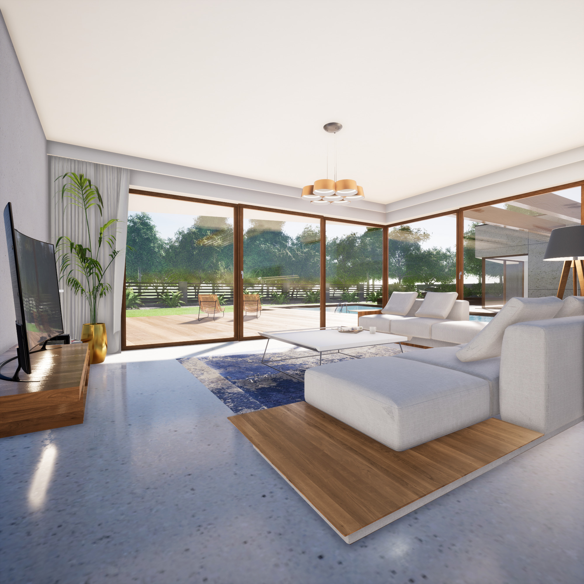 Jasne, przestronne wnętrze salonu z dużymi oknami wychodzącymi na ogród z basenem. Minimalistyczny wystrój z białymi sofami modułowymi, drewnianym stolikiem RTV z telewizorem i lampą stojącą.